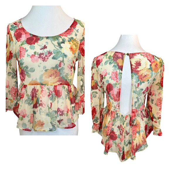 Line & DOT Sheer Floral Peplum Blouse - Picture 1 of 8